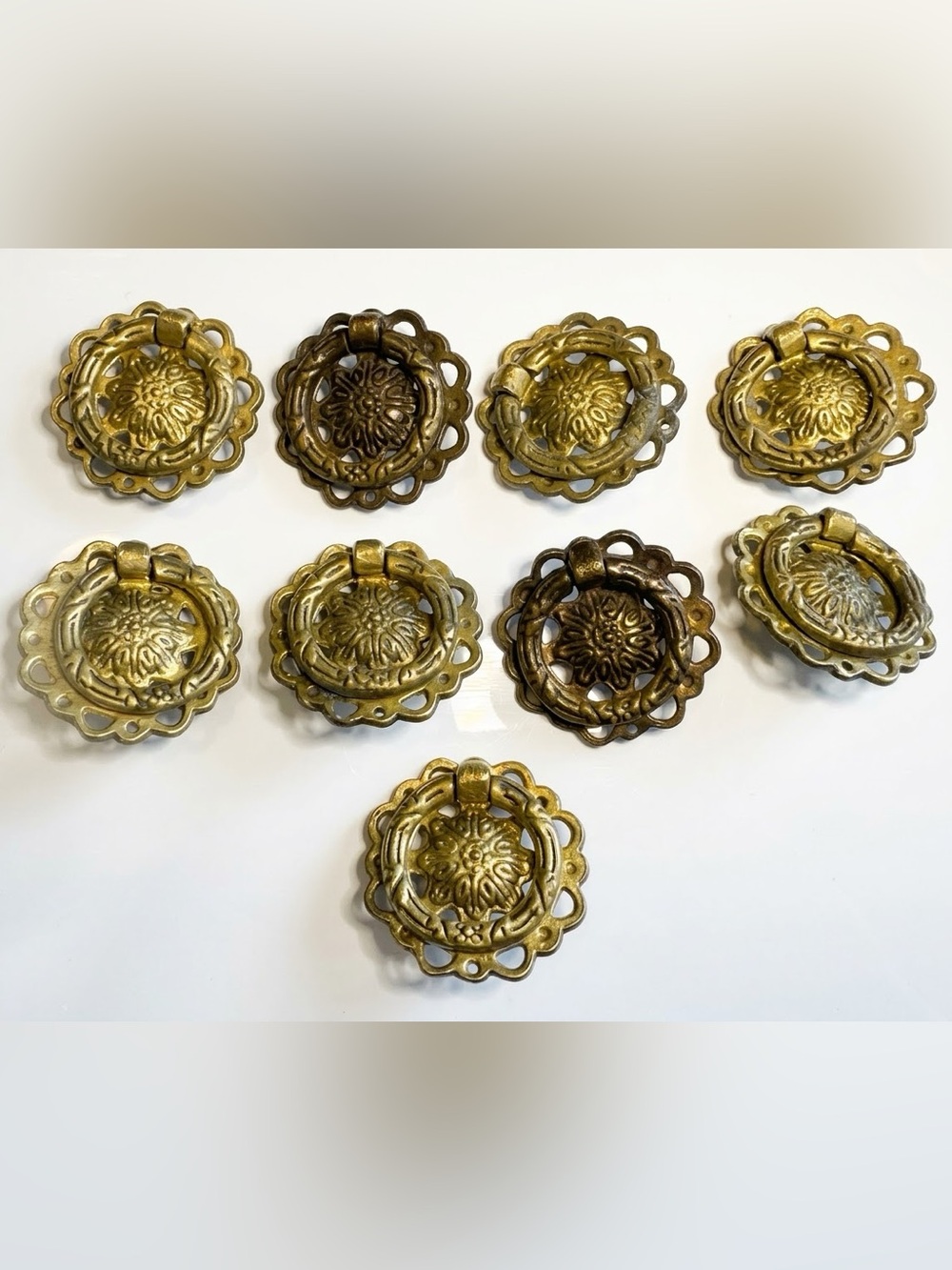 Vintage Brass Drop Ring Drawer Pulls Ornate Scalloped Set of 9 Part 4565